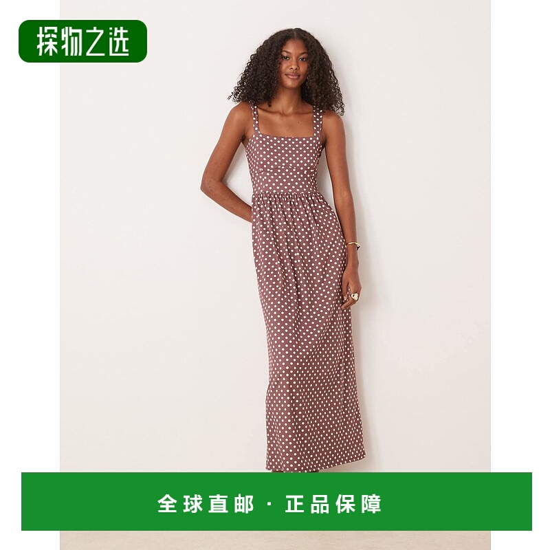 香港直邮ASOS 女士 设计方形领棕色波尔卡圆点中长连衣裙