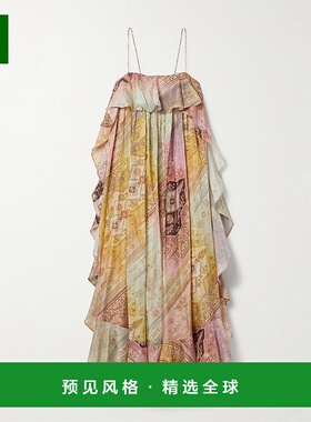 1h可退 ZIMMERMANN 女士 Tallow 荷叶边印花真丝长款连衣连衣裙