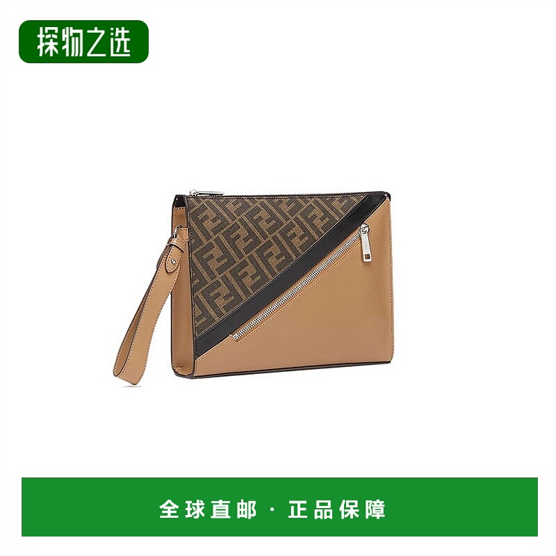 1h可退 欧洲直邮Fendi/芬迪23新款男士小号棕色织物配皮FF字母手