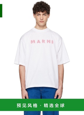 1h可退 香港直邮Marni 玛尼 男士 白色 Checked Logo Crewneck T