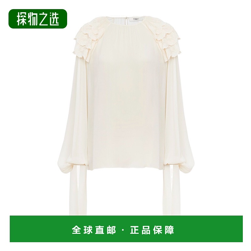 香港直邮Chloe 真丝乔其纱褶饰荷叶边上衣 CH25SHT44404长袖