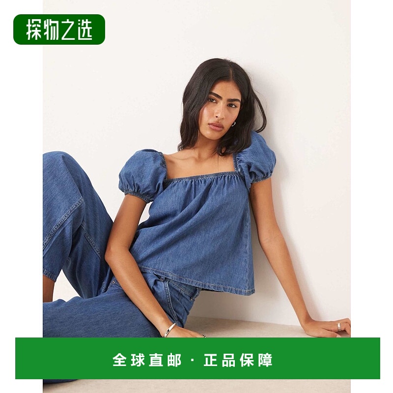香港直邮ASOS 女士 设计洋娃娃牛仔泡泡袖中长蓝色上衣