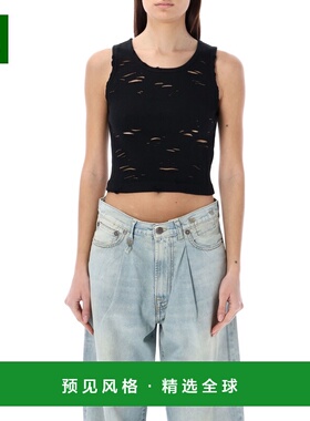 1h可退 香港直邮R13 女士 黑色磨破罗纹背心 R13WK080K001A