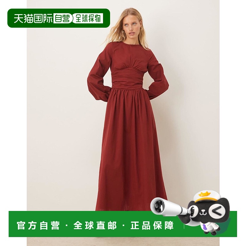 1h可退 香港直邮ASOS 女士 设计府绸水手领褶皱束腰蝙蝠袖酒红色