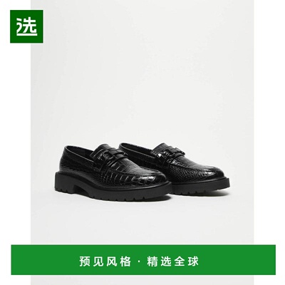 1h可退 香港直邮ASOS 男士 snaffle 设计人造鳄鱼纹乐福鞋(黑色)