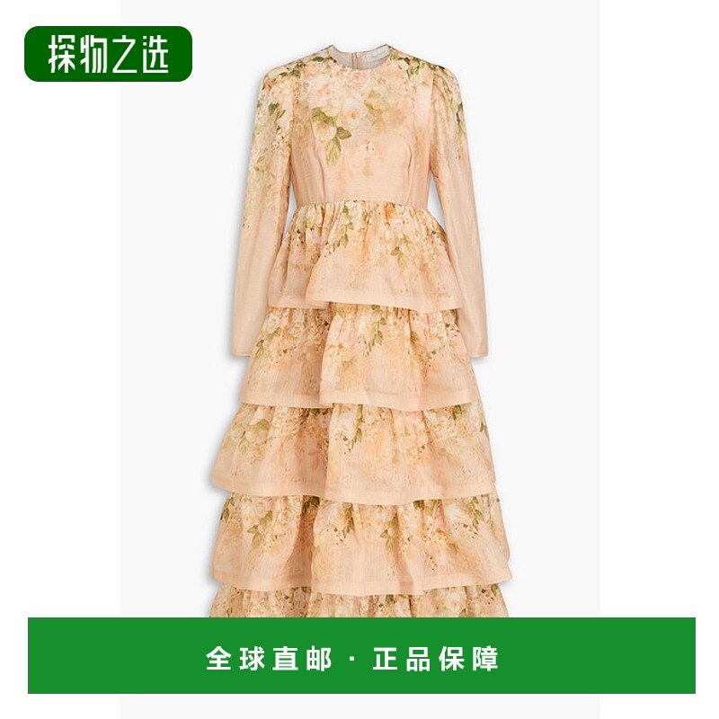 香港直邮ZIMMERMANN 女士 层叠印花亚麻真丝混纺中长连衣裙 3495D
