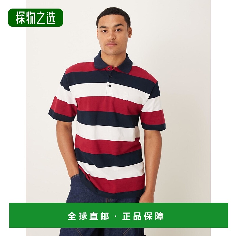香港直邮ASOS 男士 设计宽松织纹条纹Polo衫 blue蓝色 舒适时尚