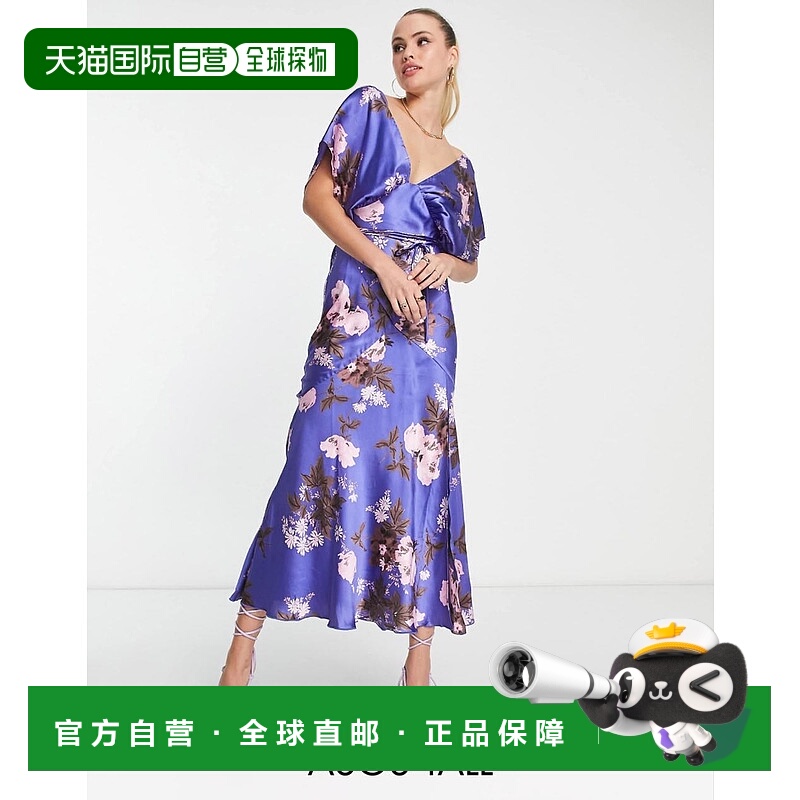 1h可退 香港直邮ASOS 女士 设计长筒缎面蝙蝠袖大号印花紫色中长