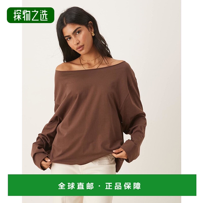 香港直邮ASOS 女士 设计露肩长袖巧克力色T恤 brown棕色 舒适时尚