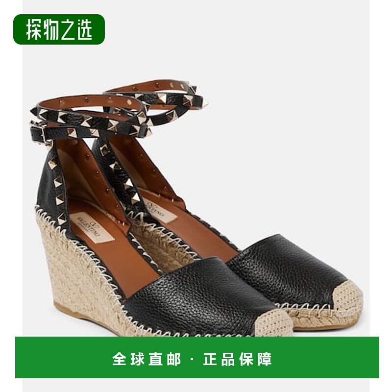 1h可退 香港直邮Valentino 华伦天奴 女士 铆钉双皮质坡跟麻底鞋