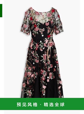 1h可退 香港直邮MARCHESA NOTTE 女士 刺绣薄纱中长连衣裙 N68M34