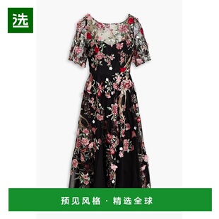 1h可退 香港直邮MARCHESA NOTTE 女士 刺绣薄纱中长连衣裙 N68M34