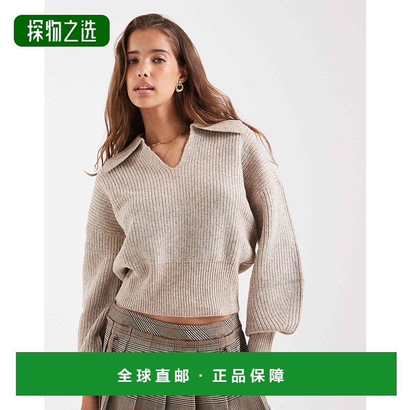 香港直邮ASOS 女士 设计渔民罗纹收腰Polo衫(燕麦色)羊毛