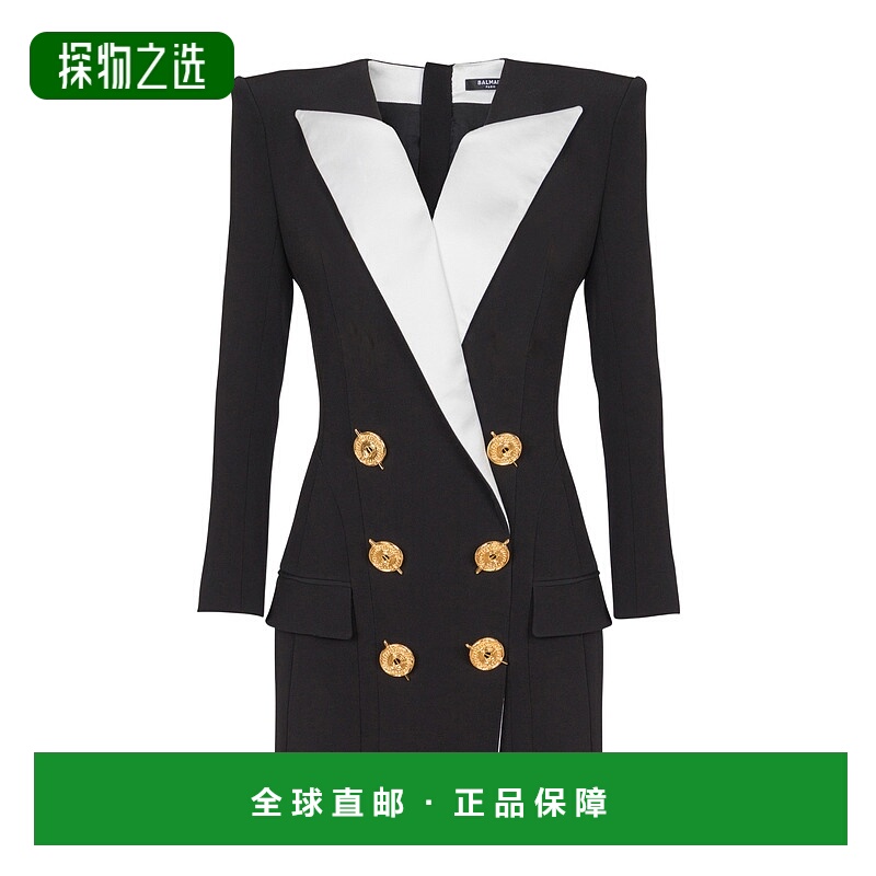 香港直邮Balmain 双色绉纱短款连衣裙 EF1R9239MB01长袖修身