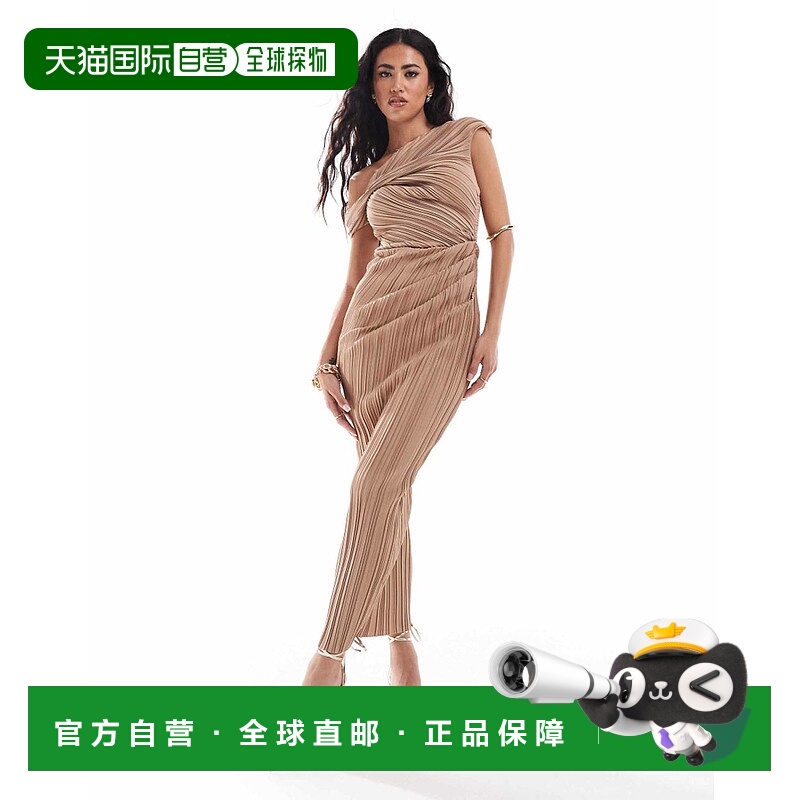 1h可退 香港直邮ASOS 女士 fallen 设计打褶扭纹肩驼色中长连衣裙
