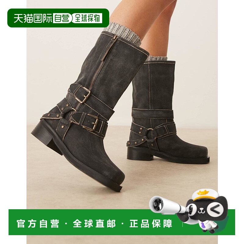 1h可退 香港直邮ASOS 女士 hardware 设计凯西皮质骑士及膝复古黑