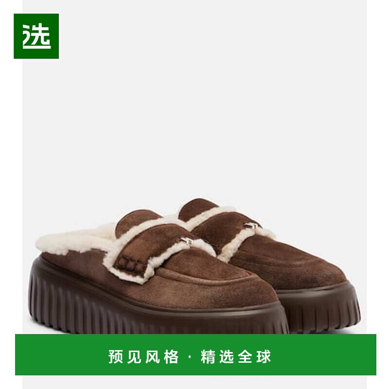 香港直邮Hogan 女士 HStripes 皮毛饰边防水台乐福鞋一脚蹬松糕鞋