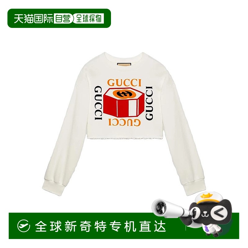欧洲直邮GUCCI/古驰 女士白色棉Logo图案印花圆领套头长袖T恤