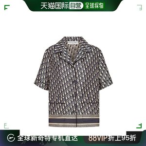 Dior迪奥女士T恤黑色logo满印花斜纹桑蚕丝精工裁剪短袖新款衬衫