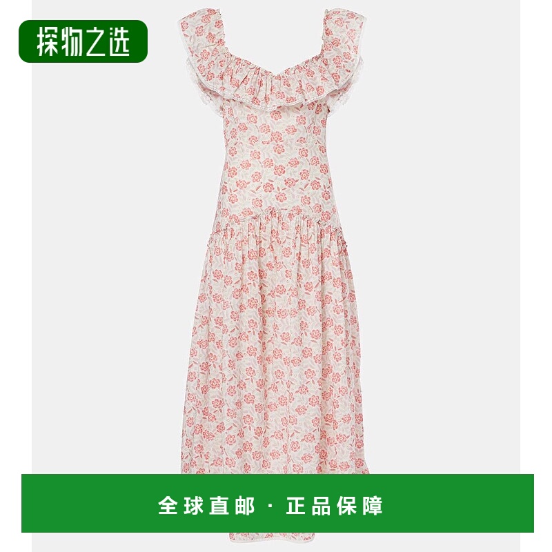 1h可退 香港直邮RIXO 女士 Eugene 花朵荷叶边棉质中长连衣裙