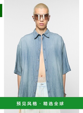 欧洲直邮ACNE (2025新品) 徽标印花系扣衬衫短袖棉麻麻混纺宽松