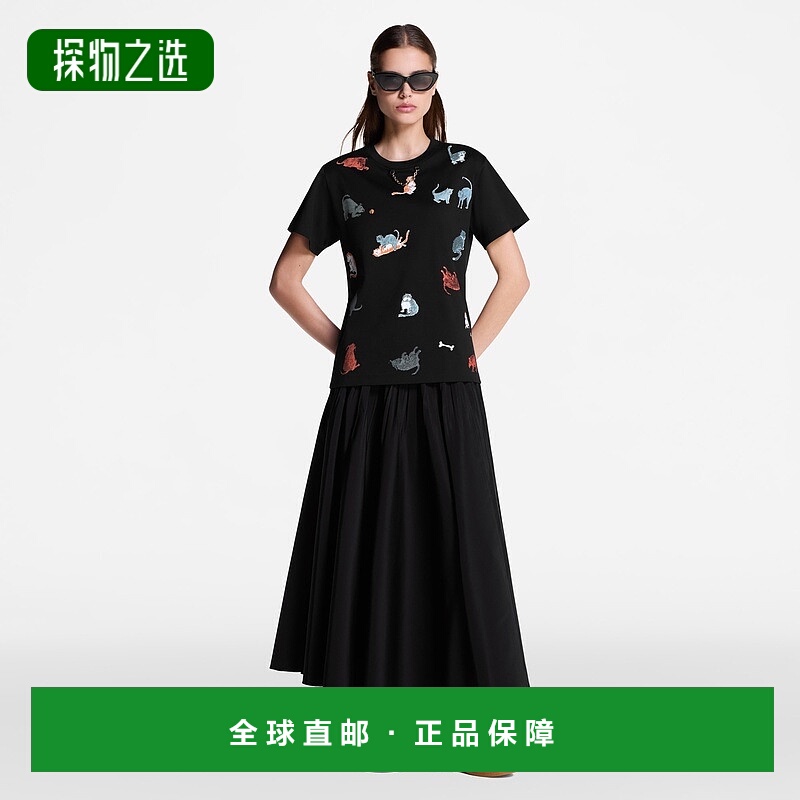 自营1h可退 欧洲直邮LV路易威登 女士黑色棉猫咪狗狗插画短袖T恤