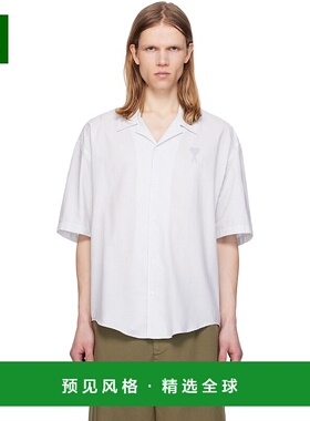 香港直邮Ami Paris 男士 白色 & 蓝色 Cotton Camp Collar 短袖衬