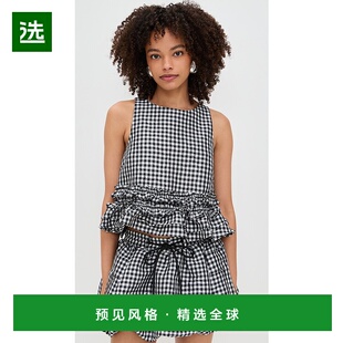 1h可退 香港直邮GANNI 甘尼 女士 褶皱塔夫绸格纹褶边上衣