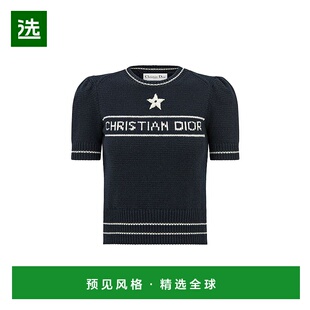 欧洲直邮Christian Dior迪奥女士短袖针织衫海军蓝色短袖徽标