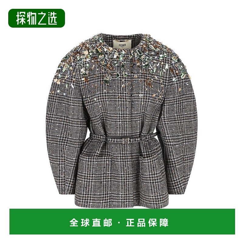 1h可退 香港直邮Fendi 芬迪 女士 繭型綴飾腰帶粗呢外套 FJ7647AY