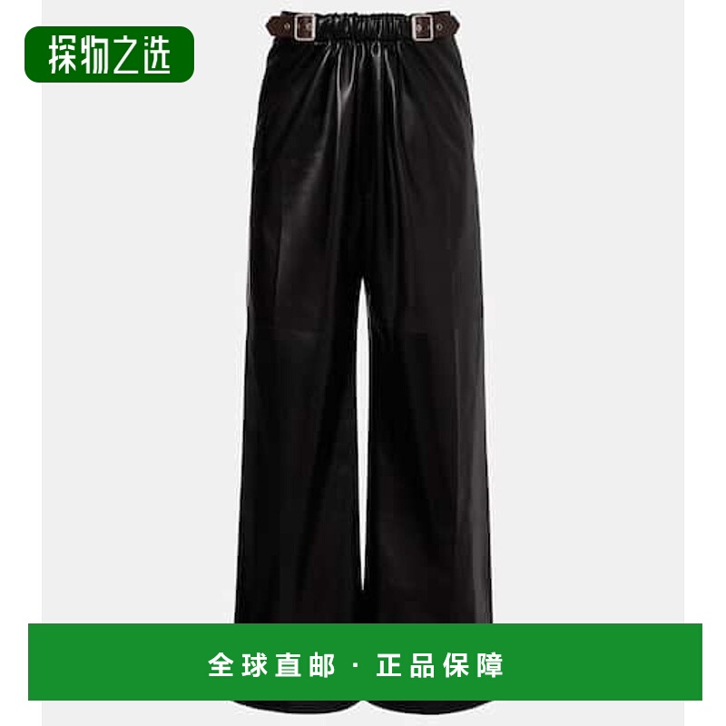 1h可退 香港直邮LOEWE 罗意威 女士 褶皱皮革阔腿裤 black黑色 舒