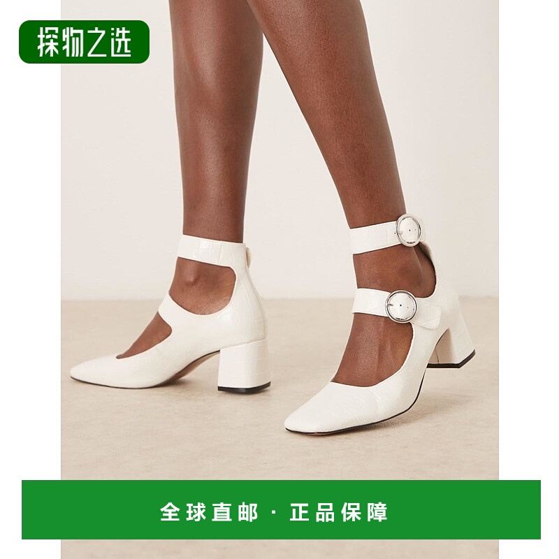香港直邮ASOS 女士 Sasha mid 设计双搭扣带状粗跟米白鳄鱼纹鞋