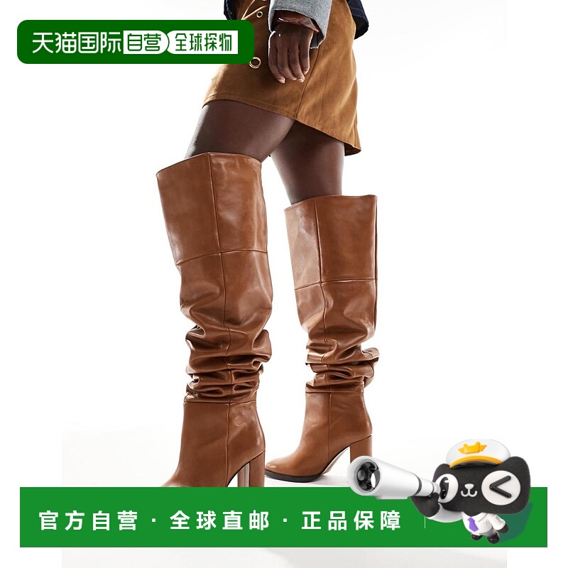 1h可退 香港直邮ASOS 女士 Kiki premium 设计高跟皮质及膝褐色靴