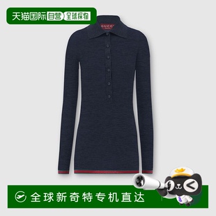 欧洲直邮Gucci古驰女士海军蓝超细罗纹羊绒针织上衣