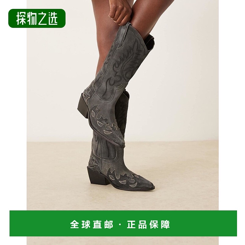 香港直邮ASOS 女士 Camryn 设计皮质牛仔及膝复古黑色绒面革靴子