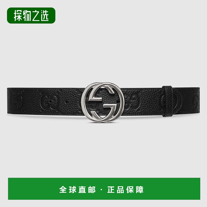 欧洲直邮Gucci古驰男士黑色皮革GG宽腰带皮带