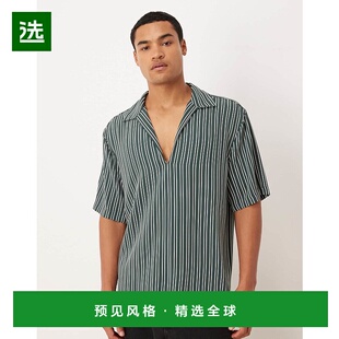 1h可退 香港直邮ASOS 男士 设计宽松套头深色绿色条纹衬衫
