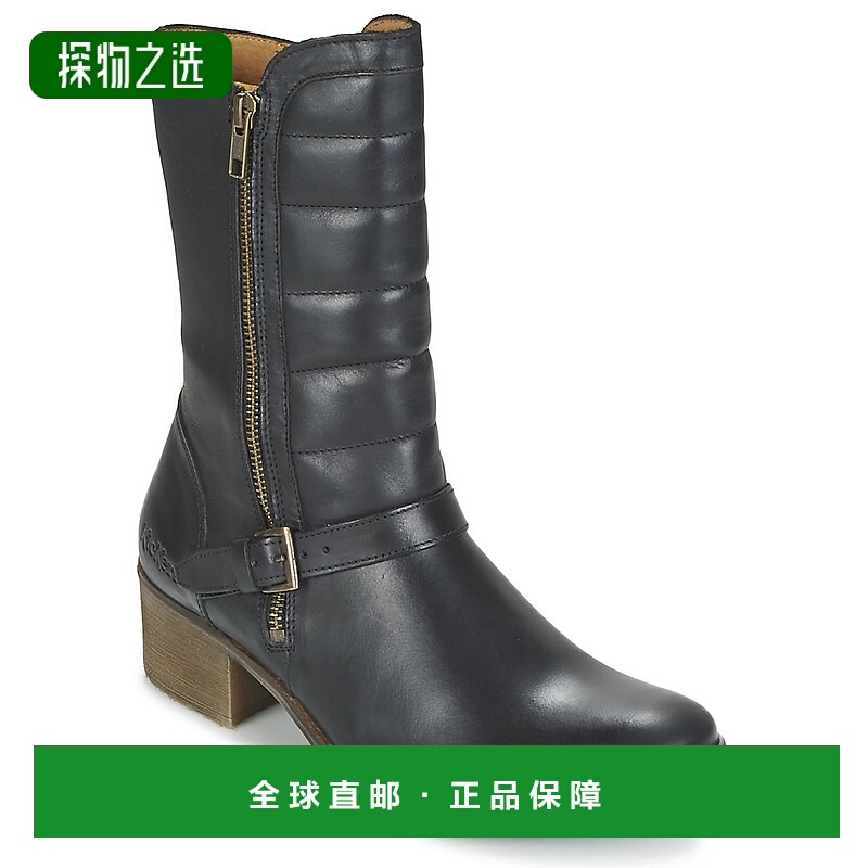 欧洲直邮kickers 女士黑色皮革中筒拉链皮带扣帅气复古时尚西部靴