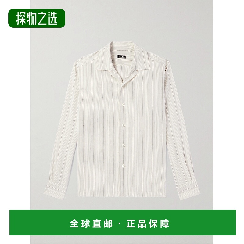 1h可退 香港直邮Zegna 杰尼亚 男士 Camp-Collar 条纹亚麻真丝混