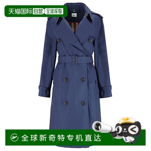 博柏利 欧洲直邮BURBERRY 女士海军蓝棉双排扣腰间系带翻领大衣