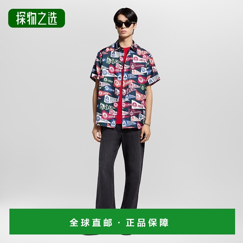自营欧洲直邮LV路易威登 男士深午夜蓝真丝印花图案短袖衬衫