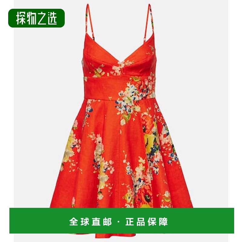 1h可退 香港直邮ZIMMERMANN 女士 Alight 花朵亚麻迷你连衣裙