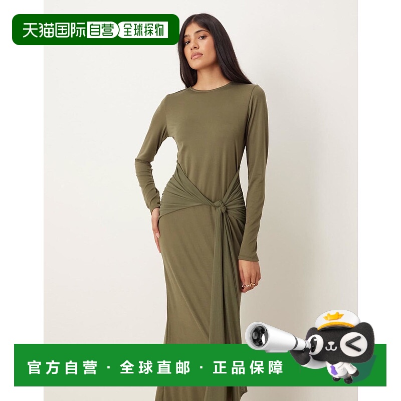 1h可退 香港直邮ASOS 女士 设计长袖前襟绑带长款连衣裙(卡其色)