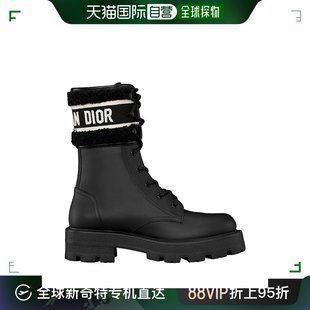 迪奥23新款 欧洲直邮DIOR 女士黑色亚光牛皮带白字徽标绑带中筒靴