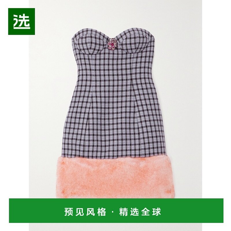 1h可退 香港直邮AREA 女士 抹胸精饰人造毛皮边千鸟格羊毛混纺迷,女装/女士精品,连衣裙,淘宝优惠券,粉丝福利购,淘宝优惠卷