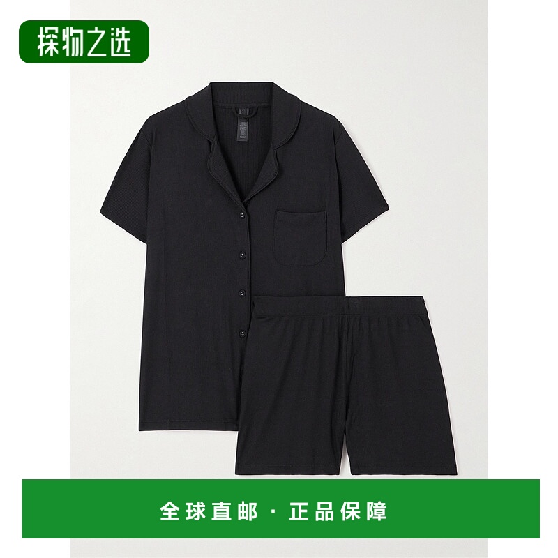 1h可退 香港直邮SKIMS 女士 Onyx 柔软休闲短款罗纹睡衣套装 APSE