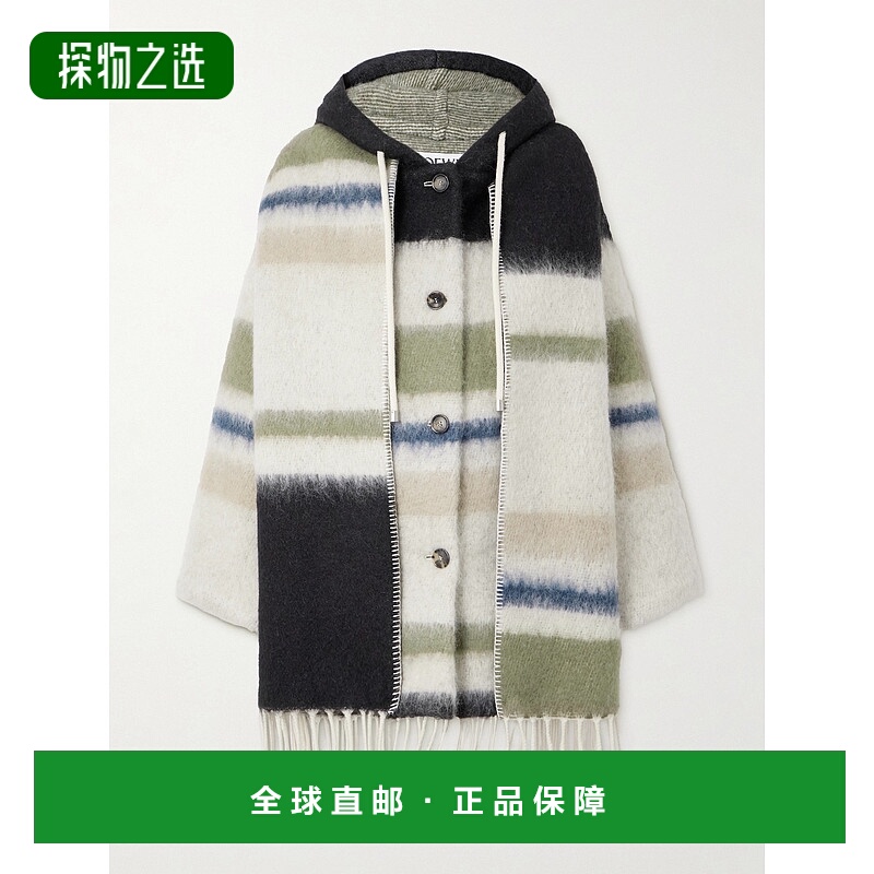 香港直邮LOEWE 罗意威 女士 连帽流苏围巾风格条纹羊毛混纺大衣 S
