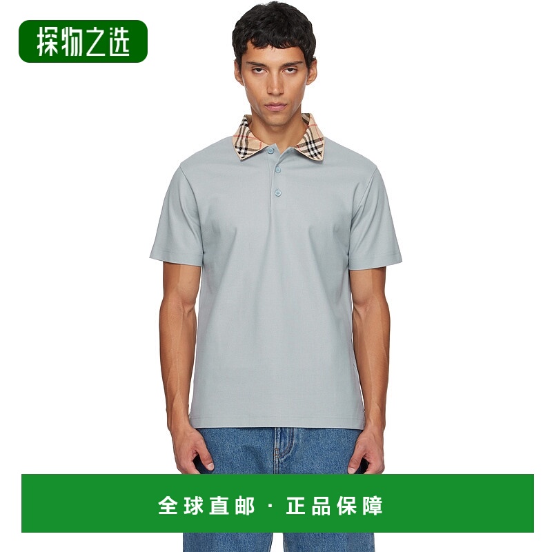 香港直邮Burberry 巴宝莉 男士 蓝色 Check Collar Cotton Polo