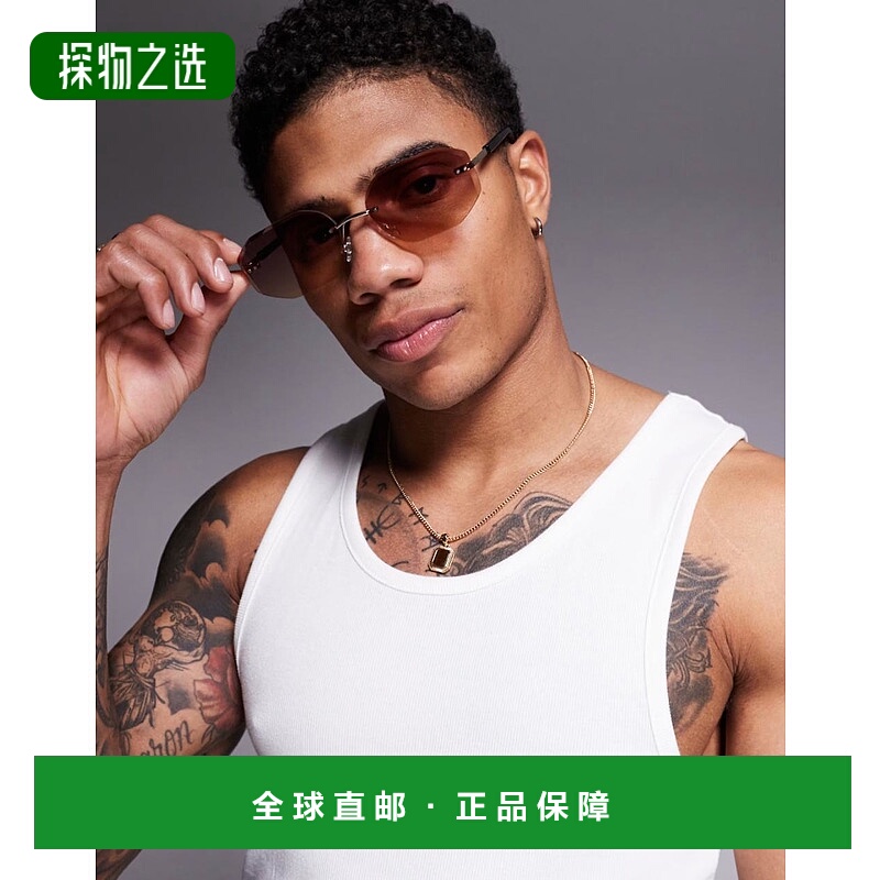 香港直邮ASOS 男士 设计无框紫色镜片金属金色边框太阳眼镜