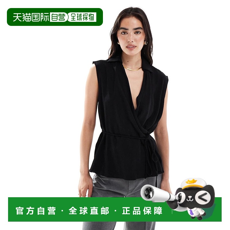 1h可退 香港直邮ASOS 女士 DESGIN look over 亚麻裹式无袖衫(黑)